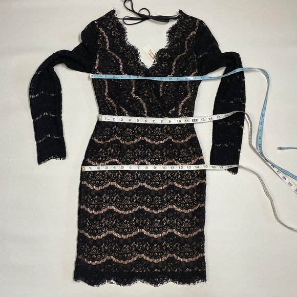 Francesca's Black Lace Mini Dress Size XS Long Sleeve Nude Lined Cocktail Party - Picture 14 of 16